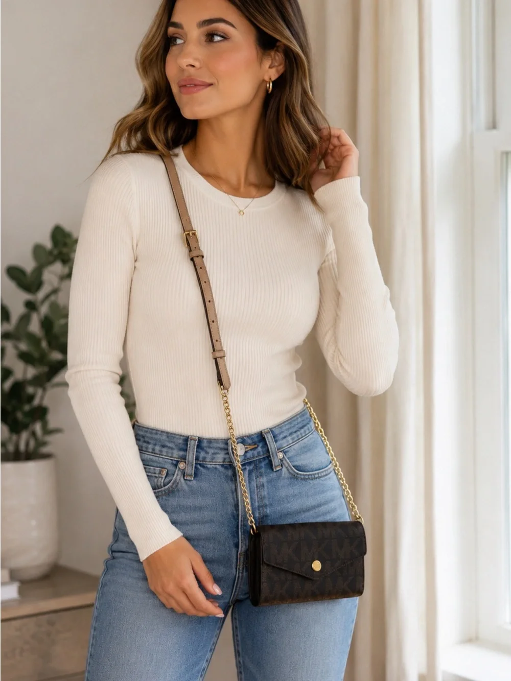 Michael Kors Signature MK Wallet on Chain Envelope Crossbody/Clutch Brown Gold